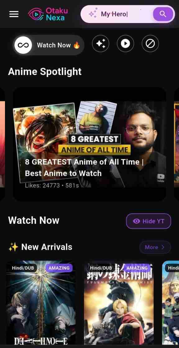 OtakuNexa Android App Interface for Free Anime